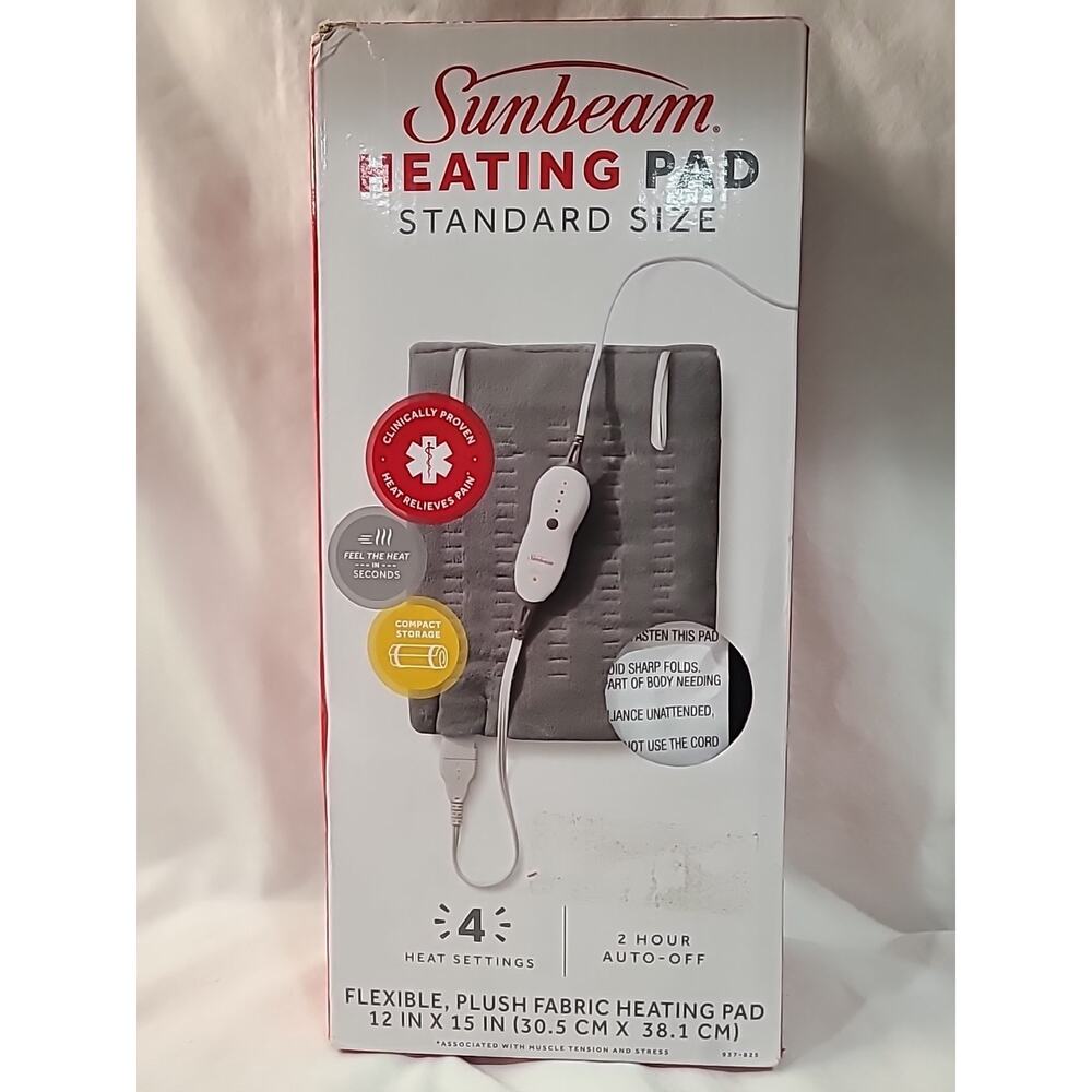 Sunbeam Heating Pad Standard Size 12x15 Plush Fabric 4 Heat Auto Off Gray